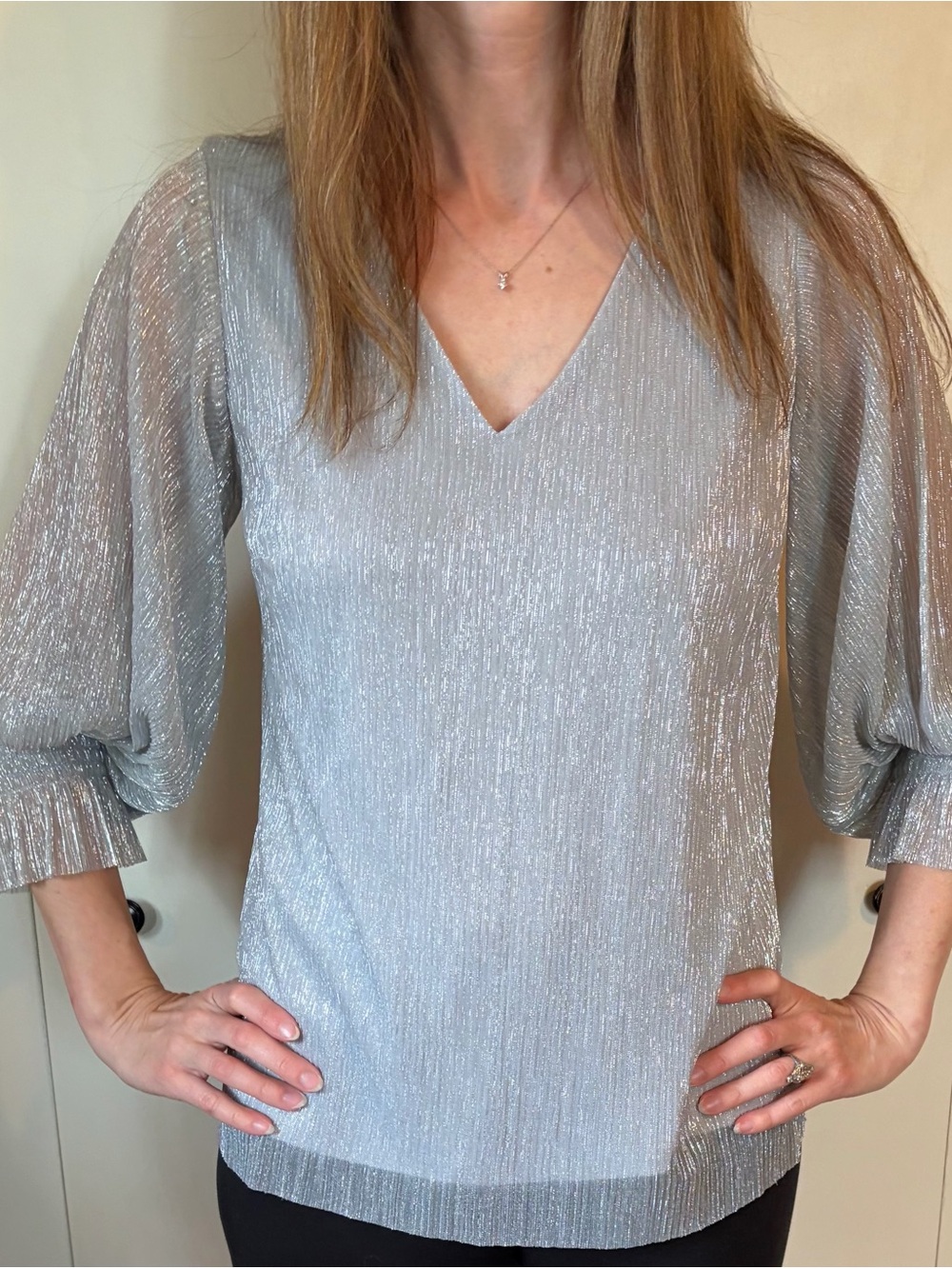 CeCe Silver Metallic V-Neck Blouse with Balloon Sleeves